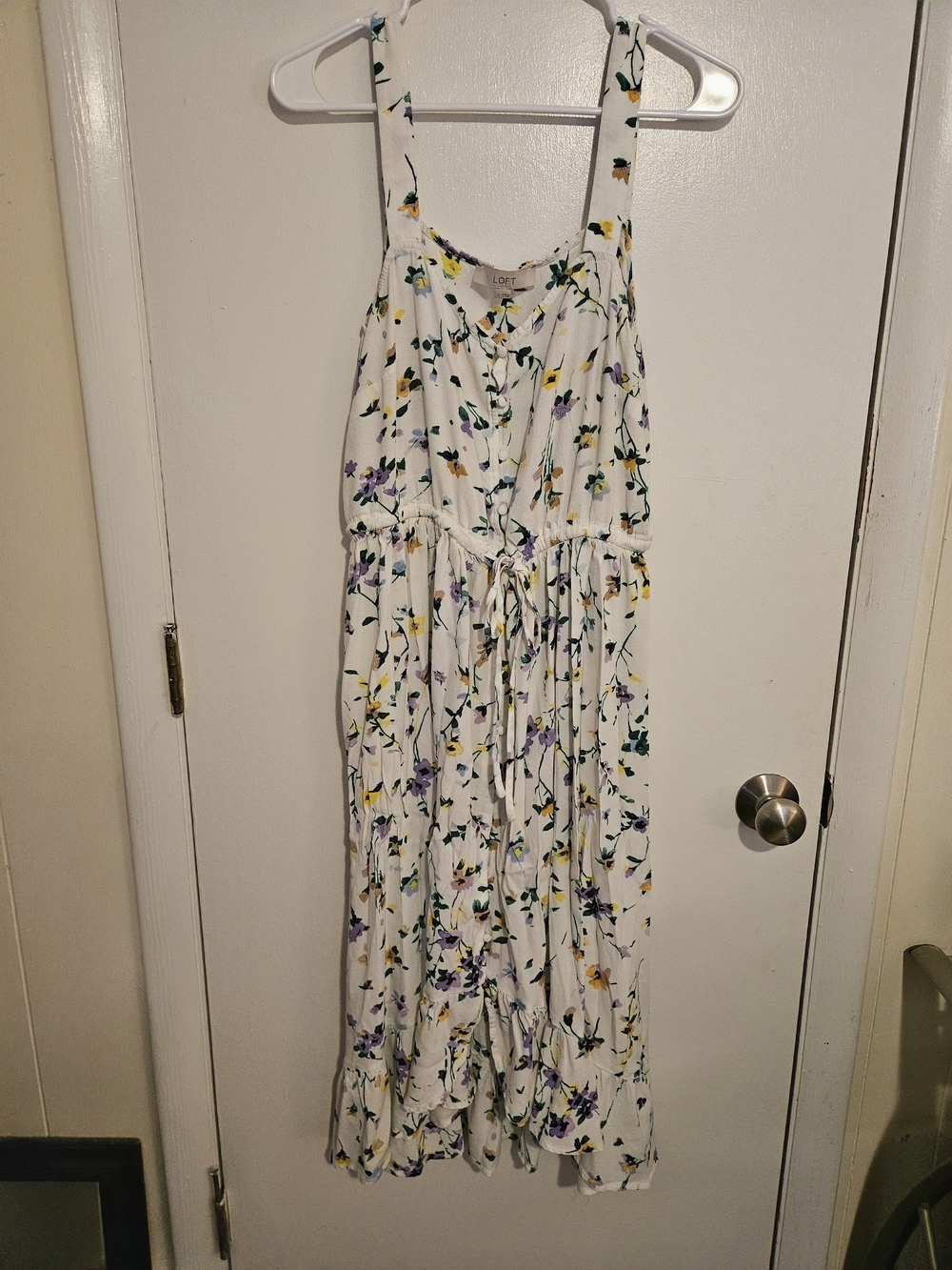LOFT White Floral Midi Dress with Yellow & Purple Blossoms